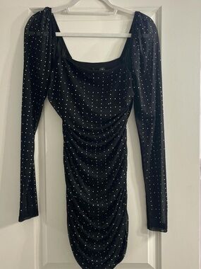 Lulu's Black Rhinestone-Embellished Long Sleeve Mini Dress